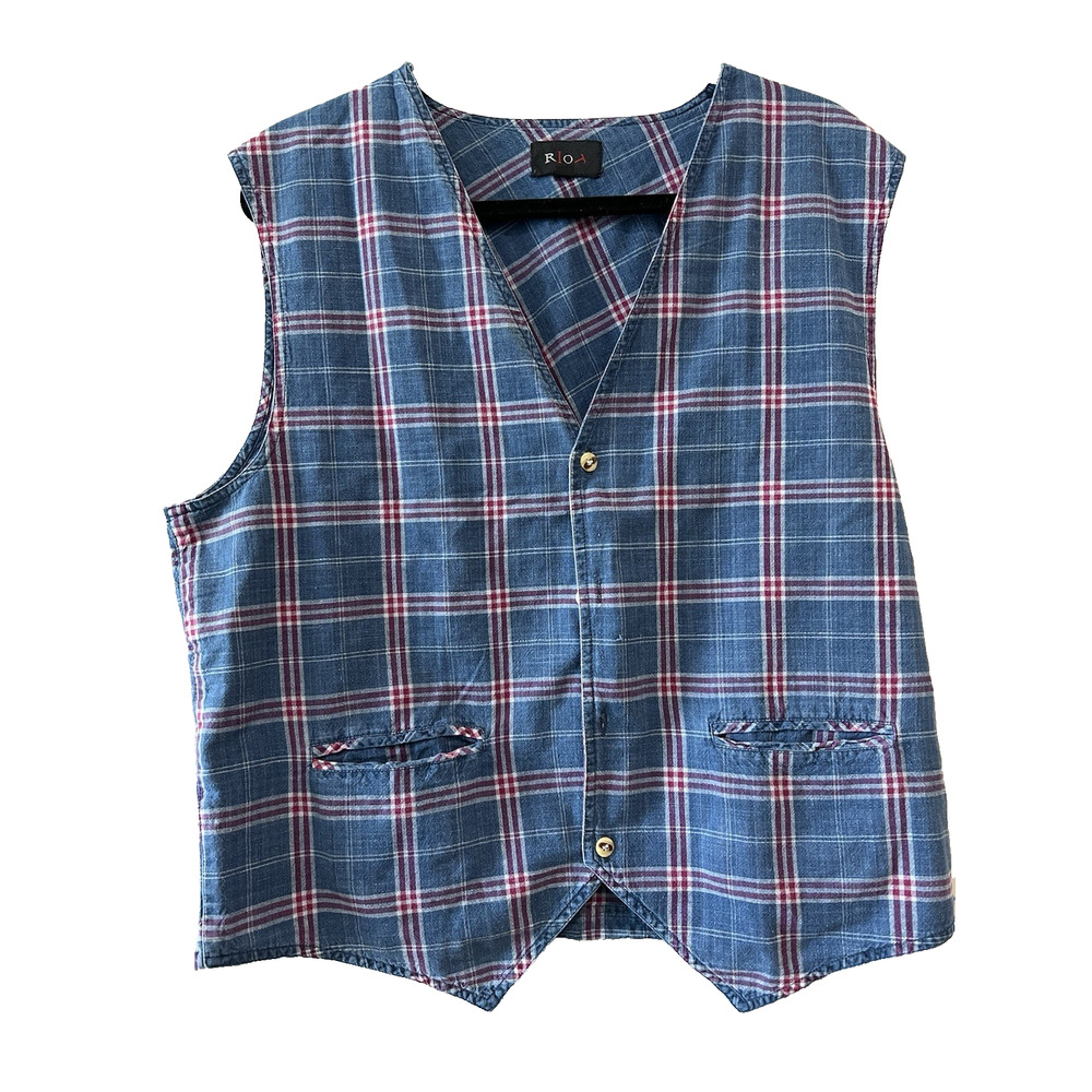 VTG 90s Button Vest Plaid chambray Denim Y2K boho Size-XL - Picture 2 of 5